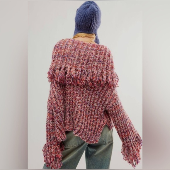🎁🎁 SALE NWT Free People One Kinsley Fringe Woven Cowl Neck Fold Over Sweater L - Picture 3 of 6